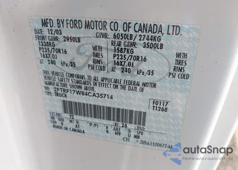 2004 Ford F-150 Heritage Xl/Xlt из США, поврежденный, VIN 2FTRF17W84CA35714